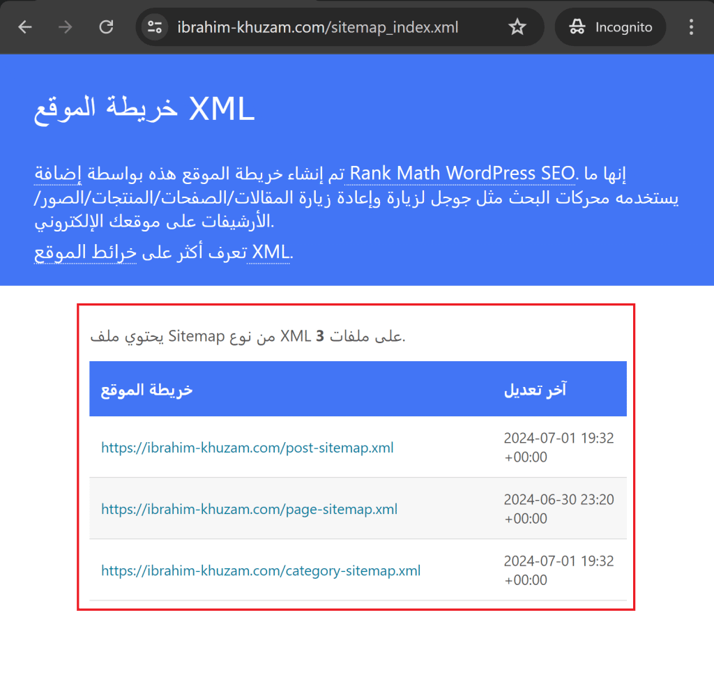 خرائاط sitemap xml بواسطة Rankmath